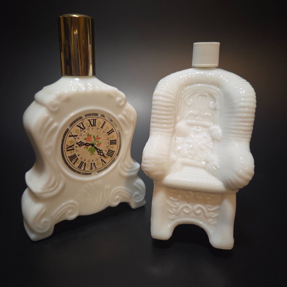 Vintage Avon Milk Glass Clock & Sitting Pretty Chair Perfume Bottles Set
